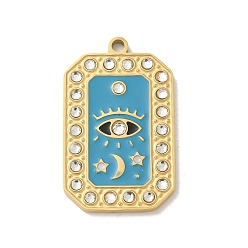 Темно-бирюзовый 304 из нержавеющей стали горный хрусталь подвески, Эмаль стиле, прямоугольные, злые глаза, темные бирюзовый, 26.5x16x2 мм, отверстие : 1.8 мм
