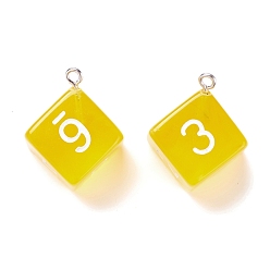 Yellow Transparent Acrylic Pendants, with Iron Finding, Dice, Yellow, 28x21x16mm, Hole: 2mm