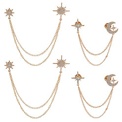 Light Gold 4 шт. 2 стили брошь-цепочка со звездой и кристаллами из стразов, булавки для лацканов из сплава для одежды рюкзака, золотой свет, 153~244 мм, 2 шт / комплект