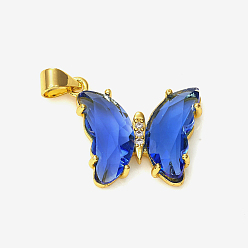 Blue Glass Pendants, with Brass Clear Micro Pave Cubic Zirconia, Butterfly, Golden, Blue, 24x21x4mm, Hole: 5.5x3.5mm