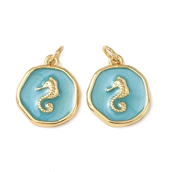 Темно-Голубой Латунные подвески, с эмалью, плоский круг с подвесками в виде морского конька, без кадмия и без свинца, стойки покрытие, долговечный, с целью перехода в кольце, реальный 18 k позолоченный, глубокое синее небо, 16.5x13.5x2.5 мм, отверстие : 3.5 мм