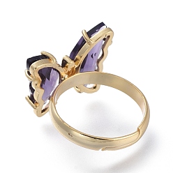 Indigo Adjustable Brass Glass Finger Rings, with Clear Cubic Zirconia, Butterfly, Golden, Indigo, Size 7, Inner Diameter: 17mm