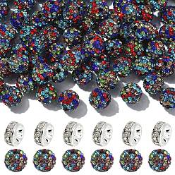 Coloré 100 pcs pavé de perles de boule disco, Perles de strass d'argile polymère , ronde, pp 13 (1.9~2 mm), 6 rangées de strass, avec des perles d'espacement en strass en laiton, colorées, pp 50 (13 mm), 1.9~2 rangées de strass, 6mm, Trou: 10mm