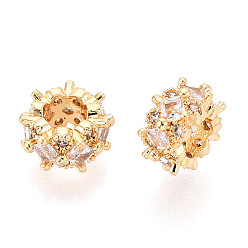 Настоящее золото 18K Латунные микро проложить кубического циркония бусы, без кадмия, без никеля и без свинца, плоско-круглые, реальный 18 k позолоченный, 8.5x4.5 мм, отверстие : 3.5 мм