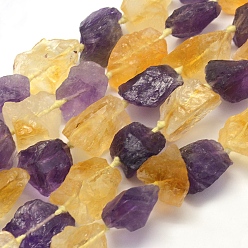 Autres Quartzs Brins naturels bruts d'améthyste et de citrine, nuggets, 16~24x9~18mm, Trou: 1mm, Environ 22 pcs/chapelet, 16.5 pouce (41.9 cm).