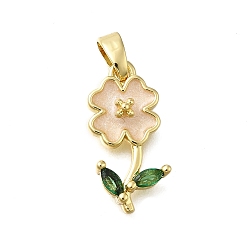 Персиковый Слойка Латунные микро проложить кубического циркония подвески, с эмалью, долговечный, без свинца и без кадмия, цветочный шарм, реальный 18 k позолоченный, стойки покрытие, розовые, 18x9x3.5 мм, отверстие : 4x2.5 мм