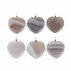 Banded Agate Natural Striped Agate/Banded Agate Pendants, with Stainless Steel Findings, Heart, 26.5x25x5.5mm, Hole: 2.5x5.5mm