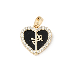 Черный Латунные микропаве прозрачные подвески с фианитом, сердце, cmолой, стойки покрытие, долговечный, без свинца и без кадмия, реальный 18 k позолоченный, чёрные, 16x16x3 мм, отверстие : 5x3 мм