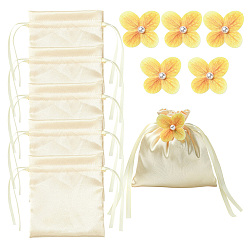 Champagne Gold Satin Cloth Drawstring Pouches with Flower, Rectangle, Champagne Gold, 15x15cm