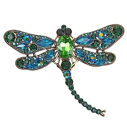 Fern Green Alloy Rhinestone Brooches for Backpack Clothes, Dragonfly, Fern Green, 95x75mm