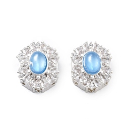 Серебро Латунные светло-голубые стеклянные овальные многорядные звенья, с четким кубического циркония, серебряные, 16x12x8 мм, отверстие : 1.8 мм