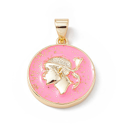 Бледно-Розовый Подвески из латуни с эмалью в стойку, с блеском порошок, долговечный, реальный 18 k позолоченный, плоский круглый с человеческим обаянием, розовый жемчуг, 19x16.5x3.5 мм, отверстие : 4x3 мм