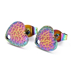 Rainbow Color Ion Plating(IP) 304 Stainless Steel Stud Earring Findings, with Ear Nuts/Earring Backs and Hole, Textured Heart Shape with Fish Scale, Rainbow Color, 8.4x9mm, Pin: 0.8mm