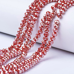 FireBrick Electroplate Opaque Solid Color Glass Beads Strands, Platinum Plated, Faceted, Rondelle, FireBrick, 6x5mm, Hole: 1mm, about 85~88pcs/strand, 16.1~16.5 inch(41~42cm)