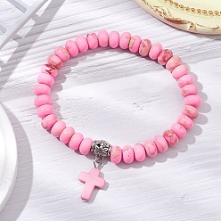 Ярко-Розовый Синтетические бусины из императорской яшмы и бирюзовые крестообразные браслеты для женщин и мужчин, ярко-розовый, внутренний диаметр: 2-1/4 дюйм (5.6 см)