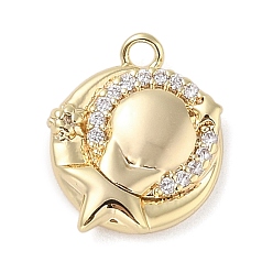 Real 18K Gold Plated Brass with Cubic Zirconia Charms, Flat Round with Star, Real 18K Gold Plated, 12.5x10.5x2.5mm, Hole: 1.4mm