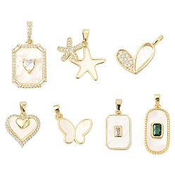 Морская Ракушка 7 шт. 7 стили латунные подвески-ракушки с паве, с целью перехода в кольце, разнообразные, цвет морской раковины, 17~23x11.5~15.5x1.5~4 мм, отверстие : 4~5.5x2~3.5 мм, 1 шт / стиль