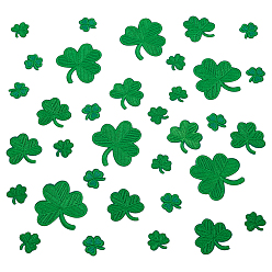 Зеленый 34 шт. 4 стили вышитая тканевая нашивка с клевером, компьютеризированная вышивка тканью утюжок на / шить на заплатках, аксессуары для костюма, аппликация, зелёные, 26~66.5x25.5~63x1.5~2 мм