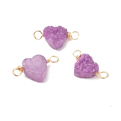 Medium Purple Natural Druzy Agate Connector Charms, with Golden Tone Copper Wire, Dyed, Heart, Medium Purple, 18~20x9~10x4~5mm, Hole: 3mm