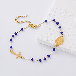 Blue 304 Stainless Steel Oval Religion Cross Link Resin Beaded Anklets for Women, Golden, Blue, 6-3/4 inch(170mm)