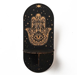 Hamsa Hand Wooden Wall-Mounted Small Crystal Display Shelf, Witch Hanging Crystal Holder, for Crystal Dowsing Pendulum Pendant Storage, Hamsa Hand, Oval: 21.4x9.4x0.25cm, Hole: 13x2.5mm, 1pc