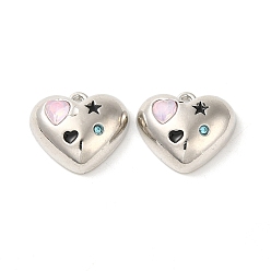Pink Alliage micro pave pendentifs en zircone, avec strass et émail, cœur, rose, 15x17x6mm, Trou: 1.2mm