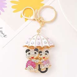 White Alloy with Rhinestone Keychain for Women, Umbrella with Bear, White, 13cm