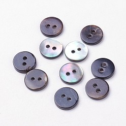 Black 2-Hole Shell Buttons, Flat Round, Black, 10x2mm, Hole: 1.5mm
