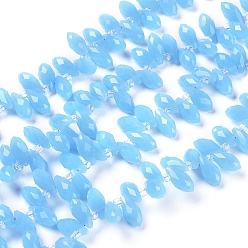 Темно-Голубой Стеклянные бусины, сверху просверленные бусы, искусственное нефритовое стекло, граненые, слеза, глубокое синее небо, 12x5.5~6 мм, отверстие : 0.8 мм, около 99 шт / нитка, 16.93 дюйм (43 см)