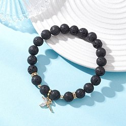 Лавовый камень Браслеты с подвесками из латуни с микропаве из кубических цирконий, Женские браслеты из круглых бусин из натуральной лавы, бусины : 9 мм, внутренний диаметр: 2 дюйм (4.95 см)