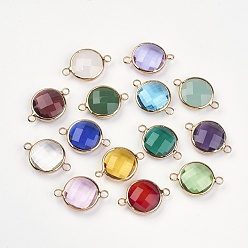 (52) Непрозрачная лаванда Соединители звеньев латуни стеклянные, граненые, плоско-круглые, золотой свет, разноцветные, 15x21.5x5 мм, отверстие : 2 мм