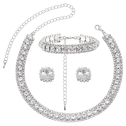 Silver 1 Bag Alloy Rhinestone Jewelry Sets, Including Earring, Bracelet, Necklace, Silver, 314mm