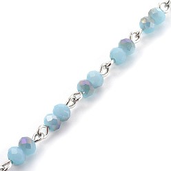 Light Sky Blue Handmade Electroplate Glass Beaded Chains, Unwelded, with Iron Eye Pin, Rondelle, Light Sky Blue, 13x4~4.5mm, 1m/strand, 39.37 inch