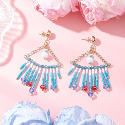 Синий Треугольные стеклянные серьги-люстры, с цилиндрическими бусинами и фурнитурой для сережек-гвоздиков из нержавеющей стали, золотые, синие, 77.5x41 мм