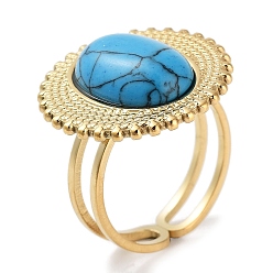 Synthetic Turquoise Ion Plating(IP) 304 Stainless Steel Ring, Adjustable Synthetic Turquoise Rings, Sun, 20.5mm, Inner Diameter: Adjustable