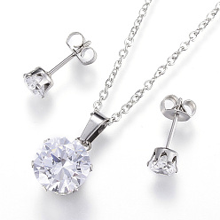 Couleur Acier Inoxydable 304 définit bijoux en acier inoxydable, pendentifs et boucles d'oreille, avec zircons, plat rond, couleur inox, 17.7 pouce (45 cm), 5mm, pin: 0.8 mm