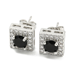 Platinum Brass Micro Pave Cubic Zirconia Ear Studs, Square, Platinum, 9.5x9.5mm