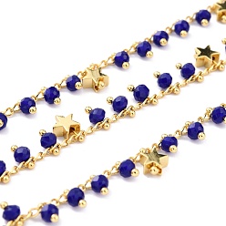 Blue Handmade Faceted Round Glass Beaded Chains, with Brass Star Charms and Spool, Soldered, Long-Lasting Plated, Golden, Blue, 2.5x1.5x0.5mm, 32.8 Feet(10m)/roll