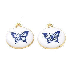 Blue Printed Brass Pendants, Oval with Butterfly Charms, Rack Plating, Long-Lasting Plated, Lead Free & Cadmium Free, Real 18K Gold Plated, Blue, 19x19.5x3.5mm, Hole: 2mm
