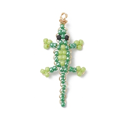 Зеленый Подвески из стекла в виде крокодила, с экологически чистой медной проволокой, зелёные, 38x18x2 мм, отверстие : 1.5 мм