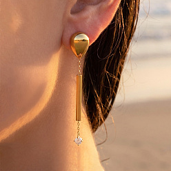 Golden 316L Surgical Stainless Steel & Clear Cubic Zirconia Stud Dangle Earrings, Teardrop, Golden, 66mm