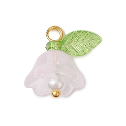 Розовый Стеклянные прелести, цветок, с акриловыми и пластиковыми бусинами, имитирующими жемчуг, и золотистой латунной петлей, туманная роза, 13.5x13x11 мм, отверстие : 2 мм