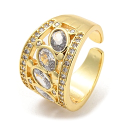 Real 16K Gold Plated Brass Micro Pave Cubic Zirconia Open Cuff Ring, Cadmium Free & Lead Free, Oval, Real 16K Gold Plated, Inner Diameter: 17.6mm