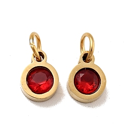 Dark Red Vacuum Plating 304 Stainless Steel Pendants, with Cubic Zirconia and Jump Rings, Single Stone Charms, Flat Round, Golden, Dark Red, 7.5x5.5x2.5mm, Hole: 3.6mm