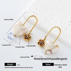 Golden 304 Stainless Steel Resin Stud Dangle Earrings for Women, Heart with Flower, with Glass, Golden, 48mm