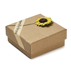 Светло-коричневый Подарочные коробки из крафт-бумаги с искусственными подсолнухами снаружи для ювелирных наборов., квадратный, загар, 8.5x8.5x3.6 см