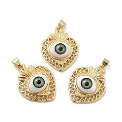 Желто-Зеленый Латунные подвески со священным сердцем, смолой глаза, без кадмия, без никеля и без свинца, реальный 18 k позолоченный, желто-зеленый, 29x22.5x7 мм, отверстие : 3.5x4.3 мм