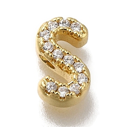 Letter S Покрытие стойки латунь микропаве прозрачные кубические циркониевые бусины, долговечный, без кадмия и без свинца, реальный 18 k позолоченный, Письмо с, 8x5x3 мм, отверстие : 0.8 мм