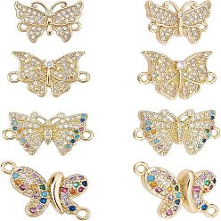 Real 18K Gold Plated 8Pcs 4 Style Brass Micro Pave Clear Cubic Zirconia Links, Long-Lasting Plated, Butterfly, Real 18K Gold Plated, 2pcs/style