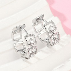 Платина Серьги-кольца из латуни с прозрачным кубическим цирконием, квадратный, платина, 14x5x15.5 мм